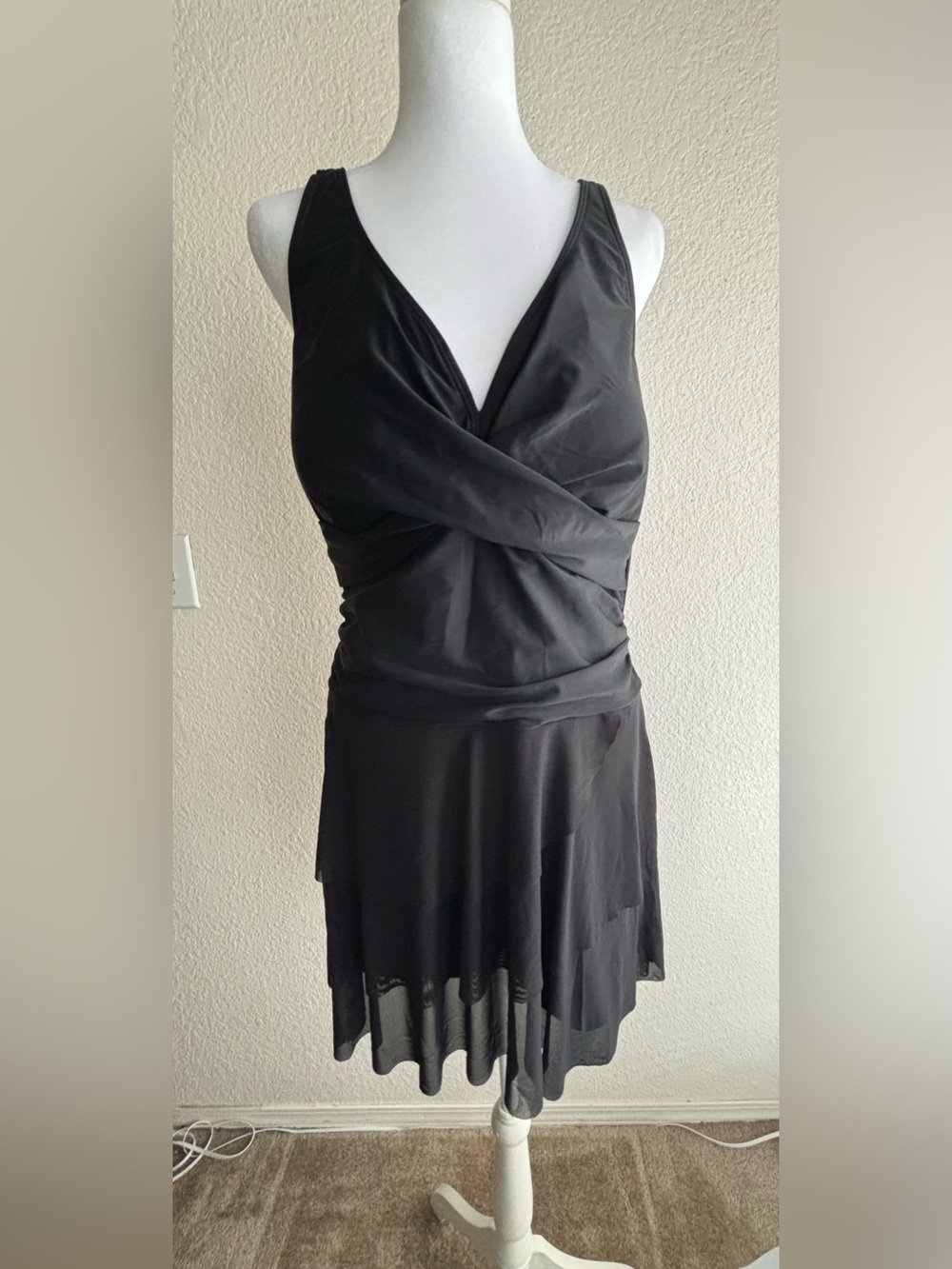 Women’s front cross one piece swim dress tummy control mesh skirt-new with tags